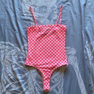 neon pink/white checkered bodysuit